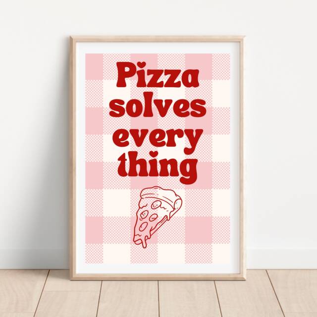 Pizza Solves Everything Kitchen Print, Pink & Red Retro Wall Art, Funny Slice Quote Gallery Wall, Aesthetic - image 1