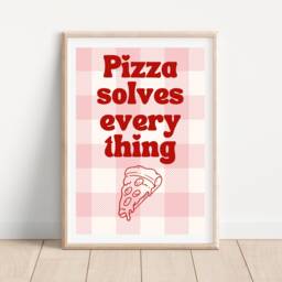 Pizza Solves Everything Kitchen Print, Pink & Red Retro Wall Art, Funny Slice Quote Gallery Wall, Aesthetic - thumbnail 1