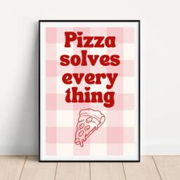 Pizza Solves Everything Kitchen Print, Pink & Red Retro Wall Art, Funny Slice Quote Gallery Wall, Aesthetic - thumbnail 2