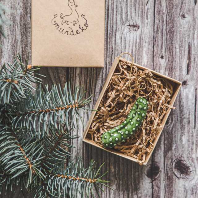 Ceramic Christmas Tree Pickle Ornament - German Cucumber Holiday Decoration - image 1