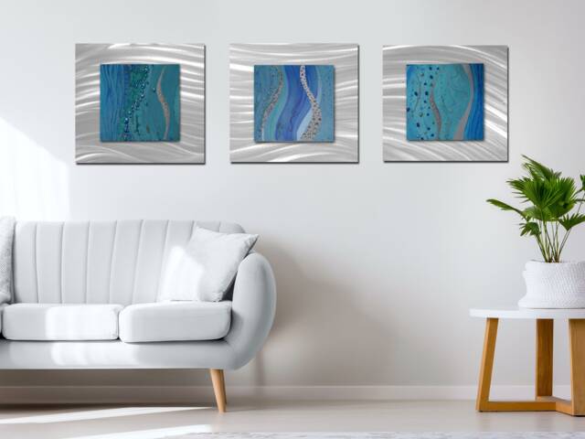 Blue Abstract Metal Wall Art Coastal Set Of 3 - image 1