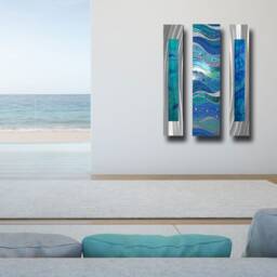 Blue Abstract Metal Wall Art Coastal Set Of 3 - thumbnail 3