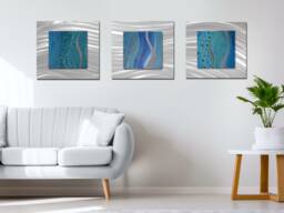 Blue Abstract Metal Wall Art Coastal Set Of 3 - thumbnail 1