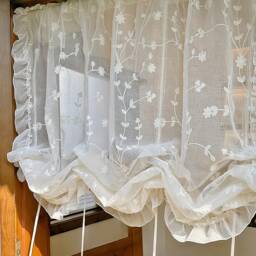 Elegant Lace Pull-Up Curtain Floral Embroidery, Adjustable Sheer Balloon Shade