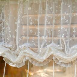 Elegant Lace Pull-Up Curtain Floral Embroidery, Adjustable Sheer Balloon Shade - thumbnail 2