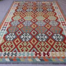 7x10 Afghan Kilim Rug, Modern Geometric Rug, Handmade Wool Area Flatweave Oriental Orange Bedroom Living Room Rug - thumbnail 3