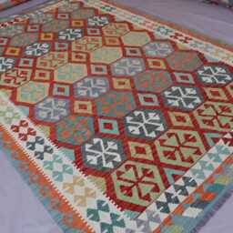 7x10 Afghan Kilim Rug, Modern Geometric Rug, Handmade Wool Area Flatweave Oriental Orange Bedroom Living Room Rug - thumbnail 2