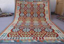 7x10 Afghan Kilim Rug, Modern Geometric Rug, Handmade Wool Area Flatweave Oriental Orange Bedroom Living Room Rug - thumbnail 1