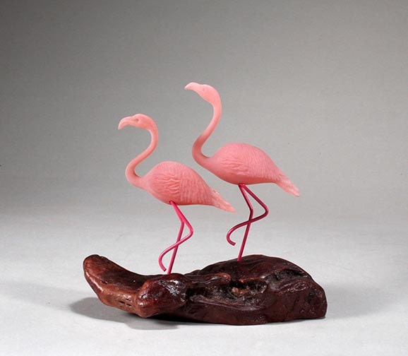 Flamingo Duo By John Perry Trotting 7In Tall On Burl Sculpture Decor Art - image 1