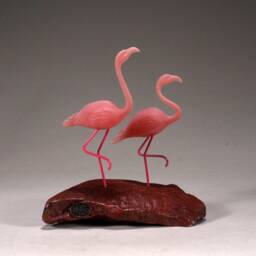 Flamingo Duo By John Perry Trotting 7In Tall On Burl Sculpture Decor Art - thumbnail 4