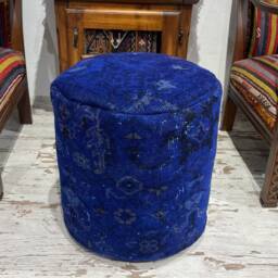 Dark Blue Turkish Wool Pouf, Handmade Rug Ottoman - 18x18 - thumbnail 2