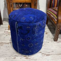 Dark Blue Turkish Wool Pouf, Handmade Rug Ottoman - 18x18 - thumbnail 3
