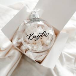 Personalised Christmas Bauble With Luxury Dried Flowers, Newlywed Ornament, Custom Bauble, Hydrangea - thumbnail 1