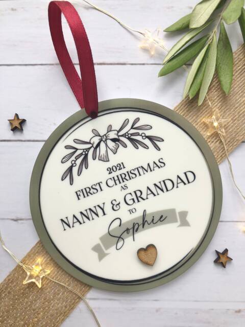 2023 Personalised First Christmas As Nanny & Grandad, Acrylic Tree Decoration With Gift Bag - image 1