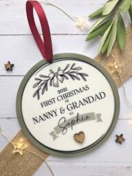 2023 Personalised First Christmas As Nanny & Grandad, Acrylic Tree Decoration With Gift Bag - thumbnail 1