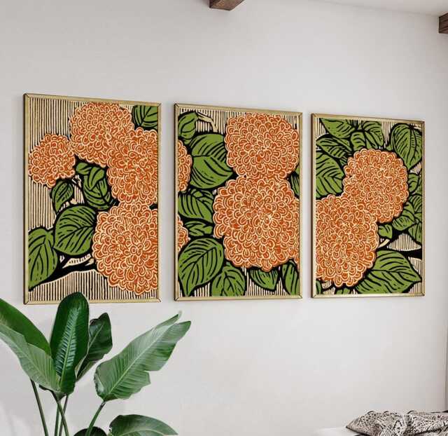 Orange Green Floral Wall Art Posters - Vintage Woodblock Botanical Triptych Set Of 3 - image 1