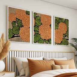 Orange Green Floral Wall Art Posters - Vintage Woodblock Botanical Triptych Set Of 3 - thumbnail 2