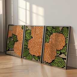 Orange Green Floral Wall Art Posters - Vintage Woodblock Botanical Triptych Set Of 3 - thumbnail 3