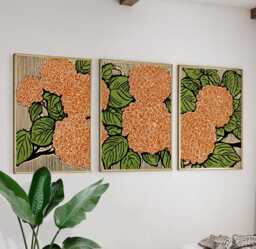 Orange Green Floral Wall Art Posters - Vintage Woodblock Botanical Triptych Set Of 3 - thumbnail 1