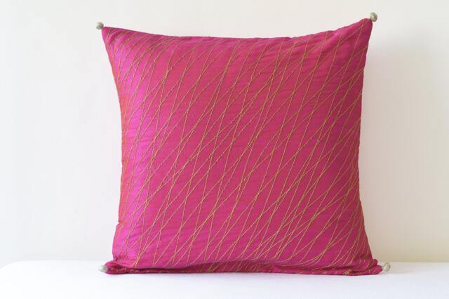 Festive Pink Silk Pillow Cover With Gold Stitch Detail , & Hot Decor Fuchsia Cushion - image 1