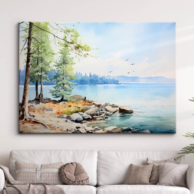 Lake View Natural Trees Landscape Abstract Watercolor Painting Style Wall Art Framed Canvas Poster Print Home Kitchen Living Room Decor Gift - image 1