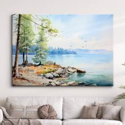 Lake View Natural Trees Landscape Abstract Watercolor Painting Style Wall Art Framed Canvas Poster Print Home Kitchen Living Room Decor Gift - thumbnail 1