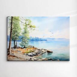 Lake View Natural Trees Landscape Abstract Watercolor Painting Style Wall Art Framed Canvas Poster Print Home Kitchen Living Room Decor Gift - thumbnail 3