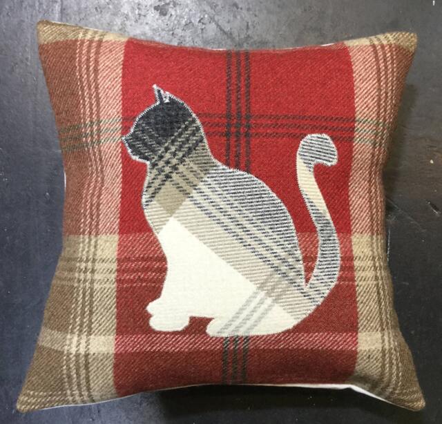 "Handmade Tartan Cat Pillow, Scottish Wool Cushion, Rustic Home Decor - 12"" X 12" - image 1