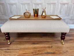 Large Upholstered Footstool in Ticking Fabric Coffee Table Stripe Large Footstool. Ottoman On Castor Legs - thumbnail 1