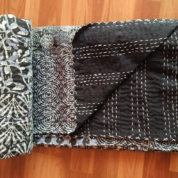 Artisan Hand-stitched Queen Sie Indigo Black Kantha Quilt Hand Block Print Blanket Embroidered Design Bedspread Throw - thumbnail 2