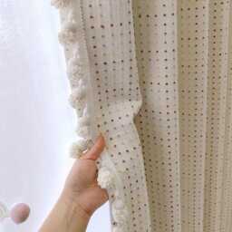 A Pair Of Chenille Kids Curtains With Decorative Pompom Trim , Cream Living Room Curtains, Nursery , Bedroom Custom Made