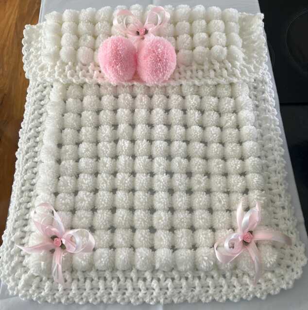 White Baby Pom Blanket, Pink Ribbons & Rosebuds - image 1