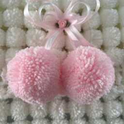 White Baby Pom Blanket, Pink Ribbons & Rosebuds - thumbnail 3
