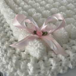 White Baby Pom Blanket, Pink Ribbons & Rosebuds - thumbnail 2