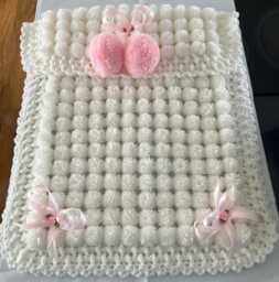 White Baby Pom Blanket, Pink Ribbons & Rosebuds - thumbnail 1