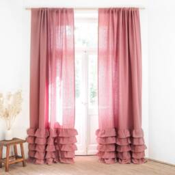 Dusty Pink Ruffled Heavy Linen Curtain Panel, Natural Window Treatments - thumbnail 2