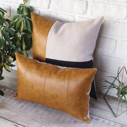 16''x26''oscar Camel Pillow Cover - Modern Yellow Old Look Faux Leather Lumbar With Decorative Stitches-1Qty - thumbnail 3