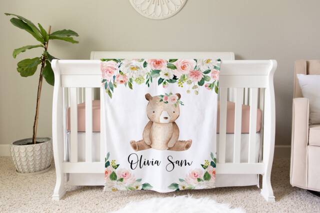Baby Bear Personalized Name Blanket Floral Gift Custom Coming Home Hospital Shower New Mom - image 1