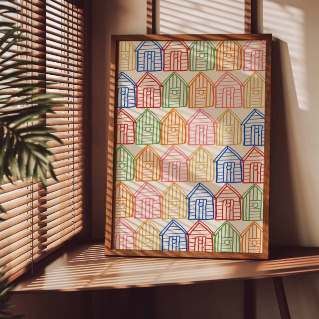 Beach Huts Unframed Print - Prints Art Summer Decor Colourful Bathroom House - image 1