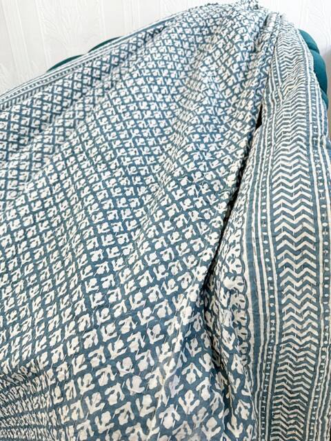 Kantha Stitch Pure Cotton Reversible Bed/Sofa Throw King Size - Handmade Handprinted Country Dohar Elegant White Slate Grey Mini Mughal - image 1