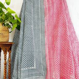 Kantha Stitch Pure Cotton Reversible Bed/Sofa Throw King Size - Handmade Handprinted Country Dohar Elegant White Slate Grey Mini Mughal - thumbnail 2