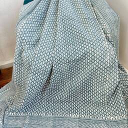 Kantha Stitch Pure Cotton Reversible Bed/Sofa Throw King Size - Handmade Handprinted Country Dohar Elegant White Slate Grey Mini Mughal - thumbnail 3
