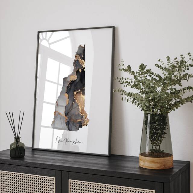 New Hampshire Map Black & Gold Wall Art Print Us State - Usa United States Of America - image 1