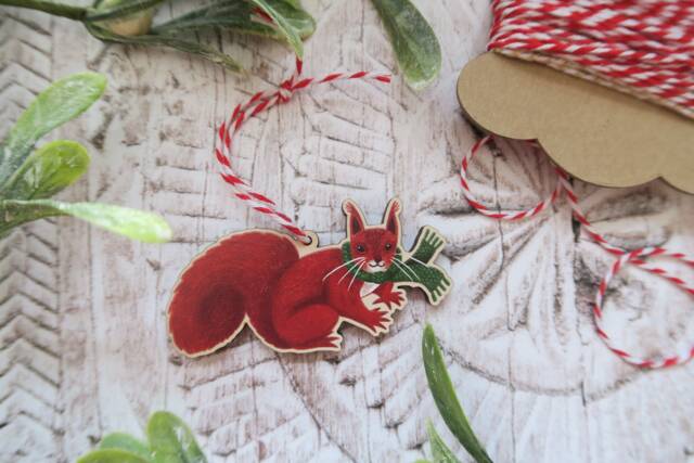 Squirrel in Scarf Wooden Decoration/Woodland Animal Christmas Tree Ornament Winter Gift Holiday Stocking Filler - image 1