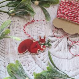 Squirrel in Scarf Wooden Decoration/Woodland Animal Christmas Tree Ornament Winter Gift Holiday Stocking Filler - thumbnail 3