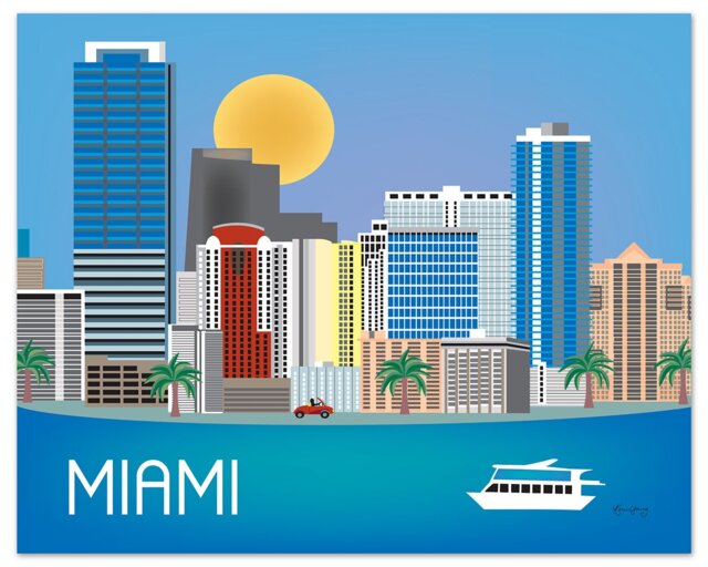 Miami Skyline Art Print, Map, Florida State Art, Horizontal, Nursery, Loose Petals City Art Print - Style E8-O-Mia - image 1