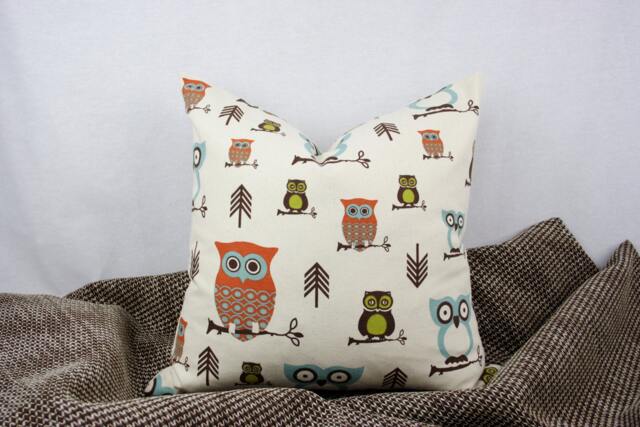 Owl Handmade Pillow Cover. Cream, Brown, Orange, Green & Blue. Toss Pillow. Accent Throw Decorator Pillow. 18 X In - image 1
