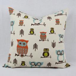 Owl Handmade Pillow Cover. Cream, Brown, Orange, Green & Blue. Toss Pillow. Accent Throw Decorator Pillow. 18 X In - thumbnail 2
