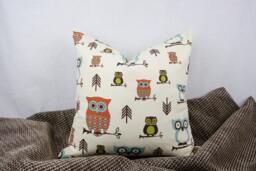 Owl Handmade Pillow Cover. Cream, Brown, Orange, Green & Blue. Toss Pillow. Accent Throw Decorator Pillow. 18 X In - thumbnail 1