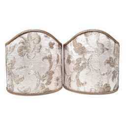Pair Of Clip-On Wall Sconces Shield Shades White & Gold Silk Jacquard Rubelli Les Indes Galantes Pattern Mini Lampshade - Handmade in Italy